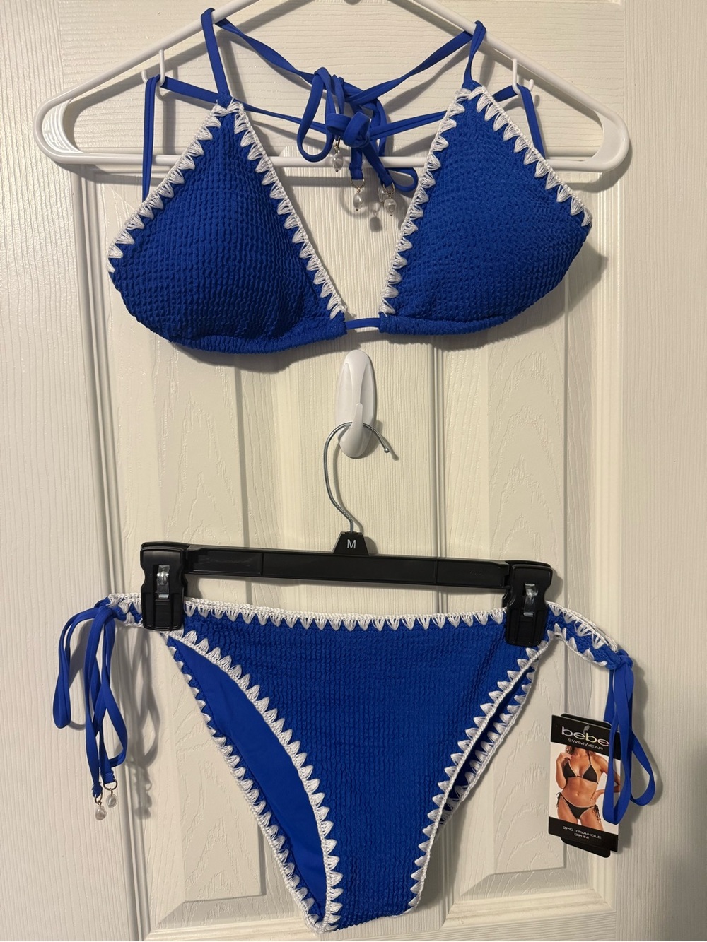 bebe Royal Blue & White Crochet-Trim Triangle Bikini
